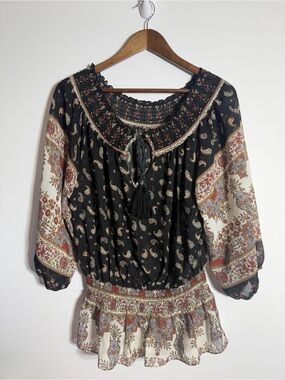 Ellison Boho Paisley Smocked Waist Peasant Top - Black & Cream